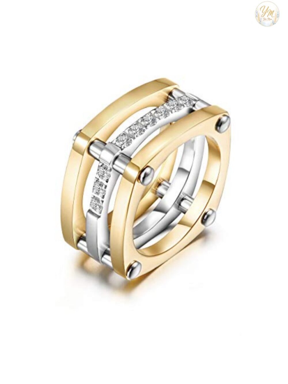 Chunky Square Cocktail Ring Gold Plated Stainless Steel CZ Statement